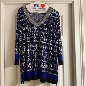 Beautiful Blue/Black V-Neck blouse with beaded collar